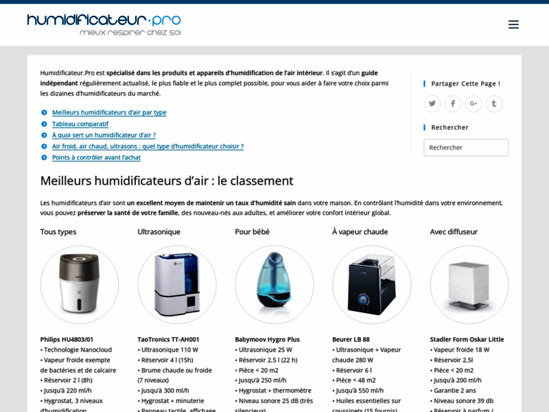 Screenshot du site : Choisir un équipement pour humidifier l’atmosphère