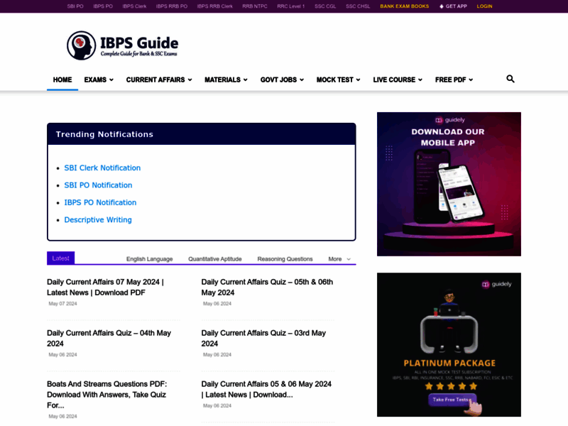 Website's screenshot : Prepare all Bank exams, IBPS PO/ Clerk, SBI Clerk