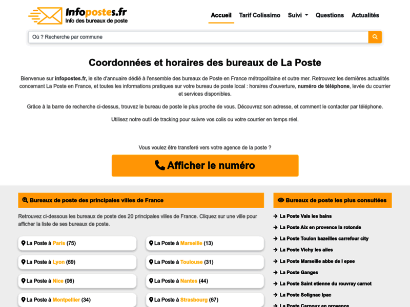 Screenshot du site : Coordonnées et horaires des bureaux de La Poste