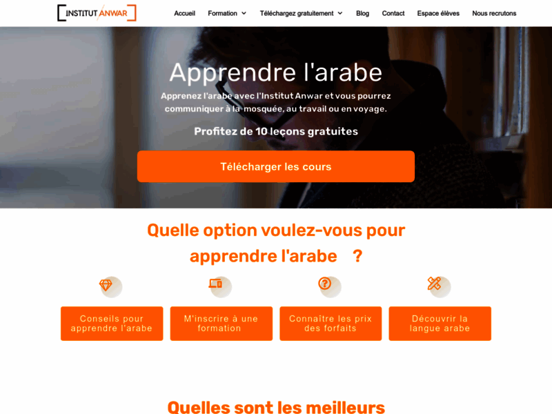 Screenshot du site : L'institut Anwar - Cours pour apprendre l'arabe