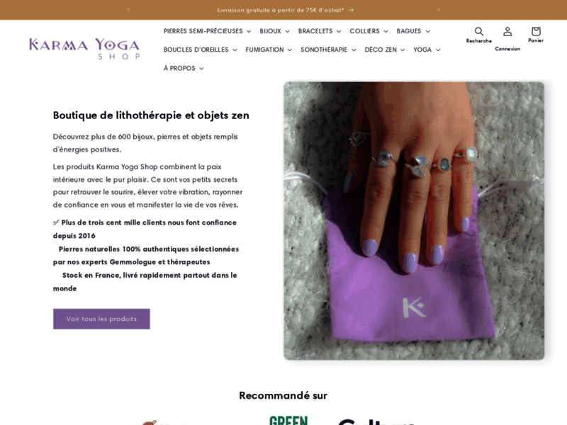 Screenshot du site : Karma-yoga-shop Bijoux et Pierres