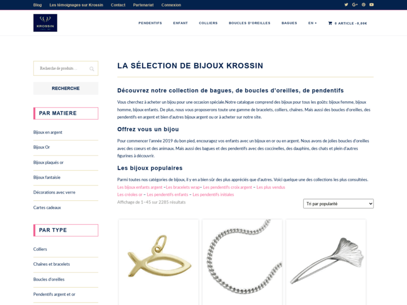 Screenshot du site : Krossin Bijouterie - Bijoux argent - bijoux enfant