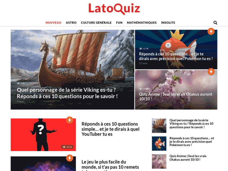 Screenshot du site : LatoQuiz des Quiz pour tous