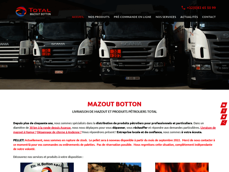 Screenshot du site : Mazout Botton : livraison mazout à Namur