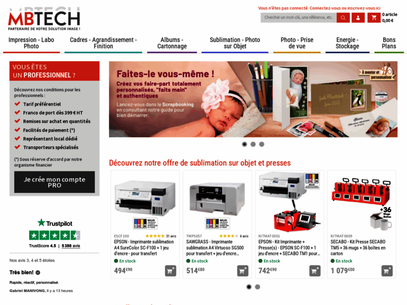 Screenshot du site : MB TECH : vente en gros de matériel photo