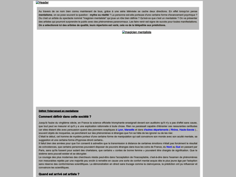 Screenshot du site : Les mentalistes et artistes magiciens en France