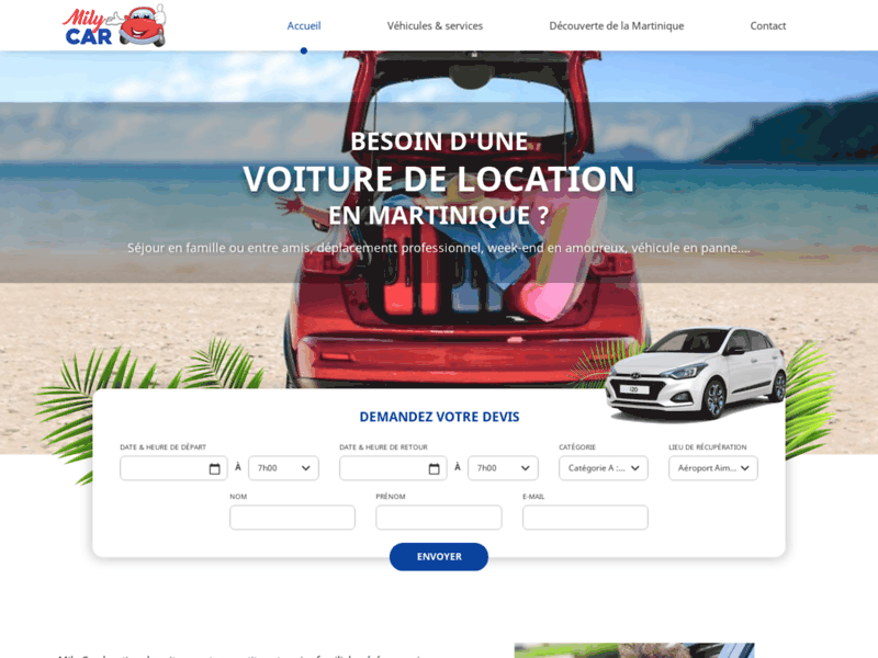 Screenshot du site : Louer voiture en Martinique - Mily Car