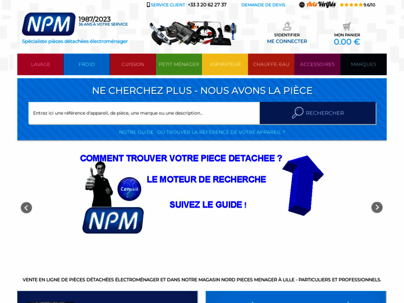 Screenshot du site : NPM - Pièce détachée électroménager