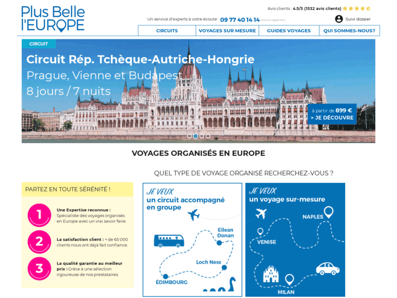 Screenshot du site : Plus Belle l'Europe : voyages organisés en Europe