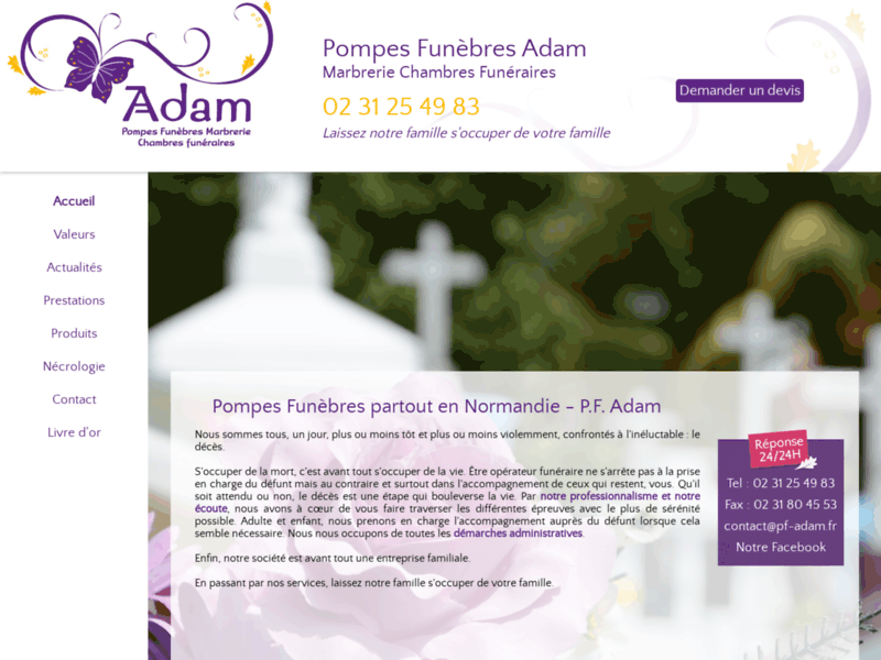 Screenshot du site : Pompes Funèbres Adam à Caen