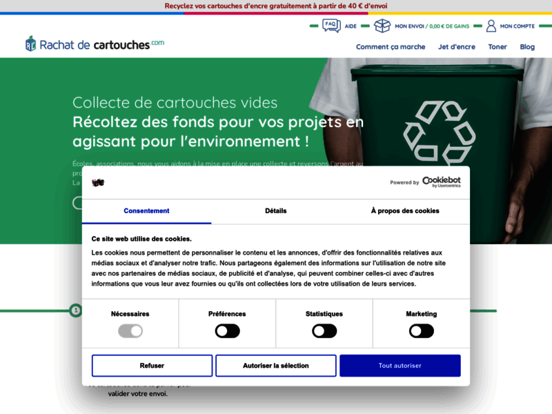 Screenshot du site : Rachat et recyclage de cartouches d'encre vides