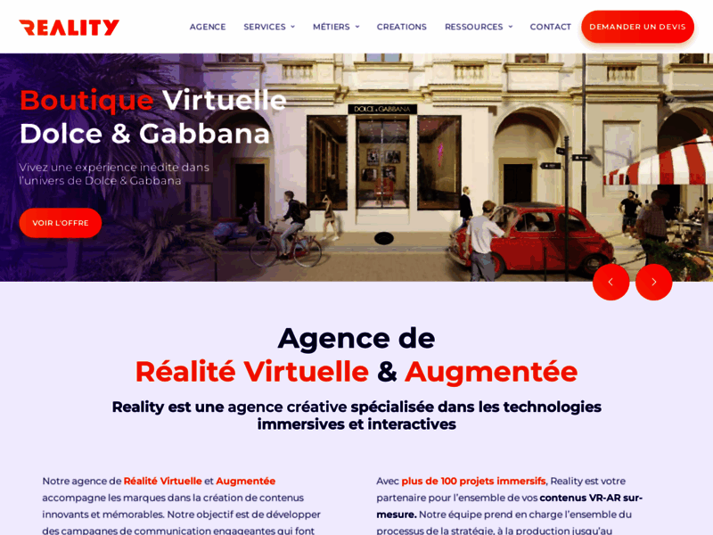 Screenshot du site : Reality : Agence Vidéo 360°, VR et AR à Paris