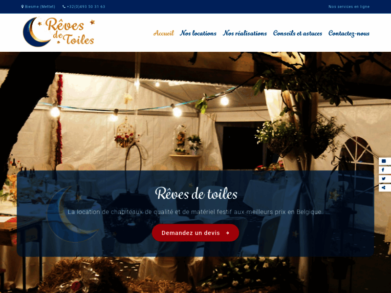 Screenshot du site : Rêves de Toile - Location de chapiteaux
