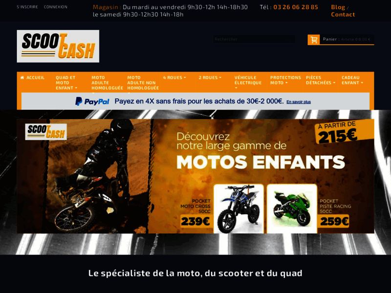 Screenshot du site : ScootCash - vente de scooters, motos quads, pocket