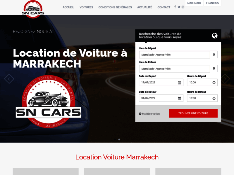 Screenshot du site : Location de voiture à Marrakech SN CARS