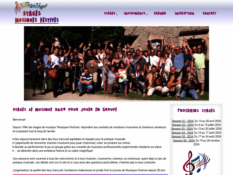 Screenshot du site : Stages de chant et de musique pour jouer en groupe