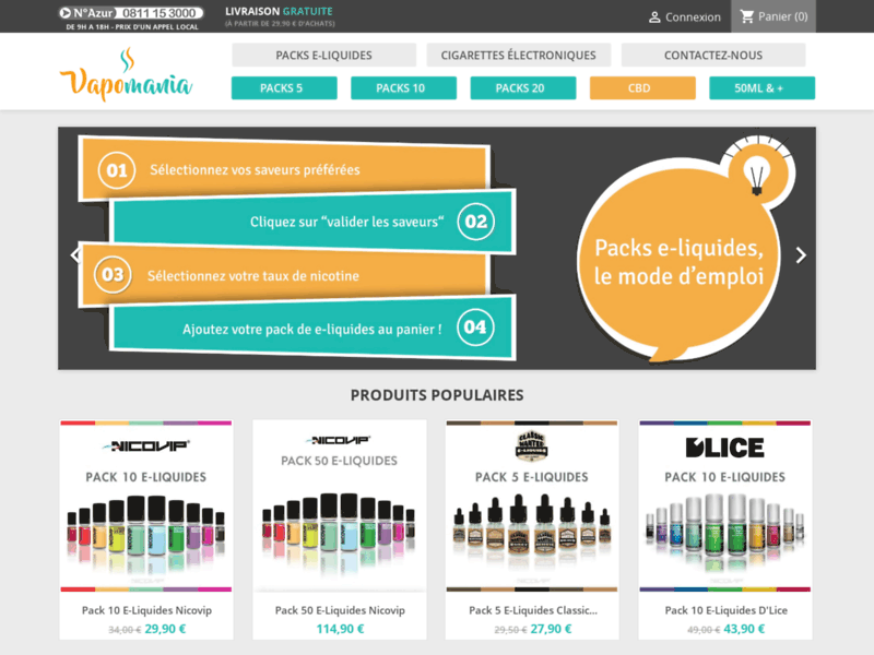 Screenshot du site : Boutique Vapomania, e-liquides discount