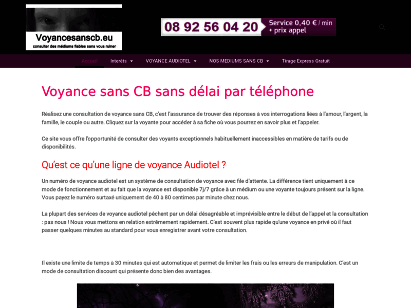 Screenshot du site : Voyance sans cb et sans attente