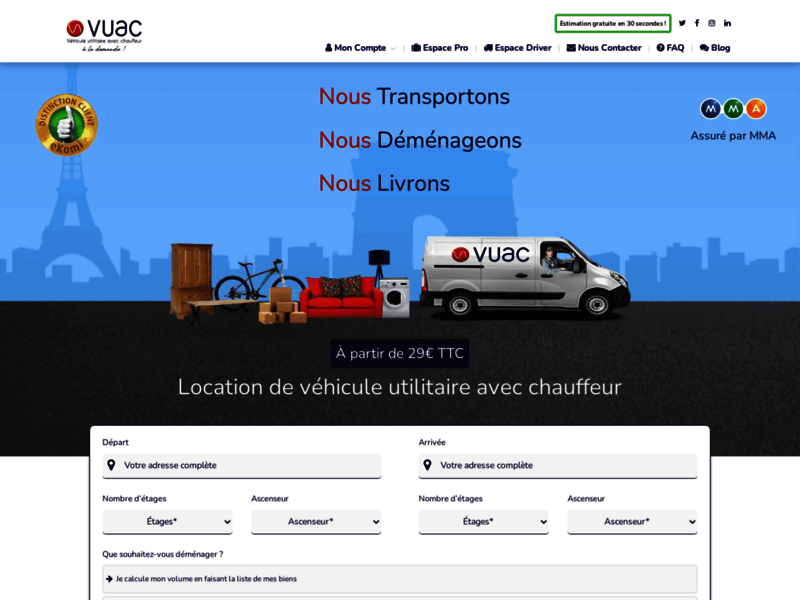 Screenshot du site : Vuac, déménagement au meilleur prix