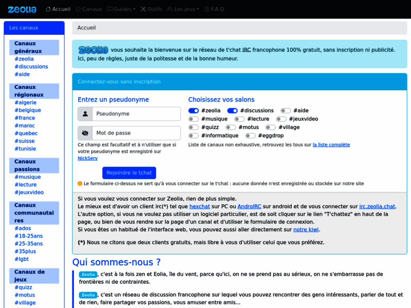 Screenshot du site : Réseau de tchat francophone