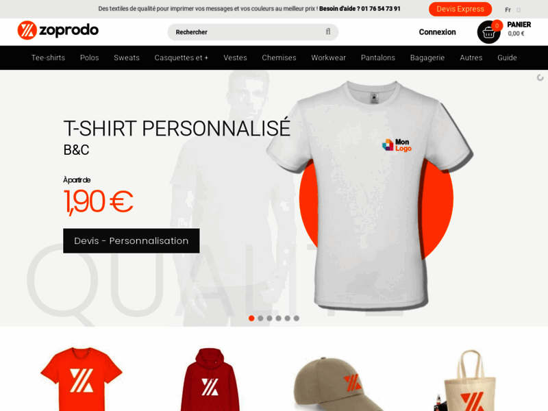 Screenshot du site : Zoprodo - Impression sur le vêtement